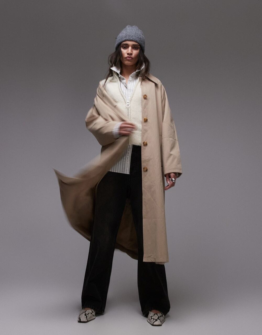 Topshop 90s Trench Coat in Beige - Longline Oversized Jacket Minimalist Womens M